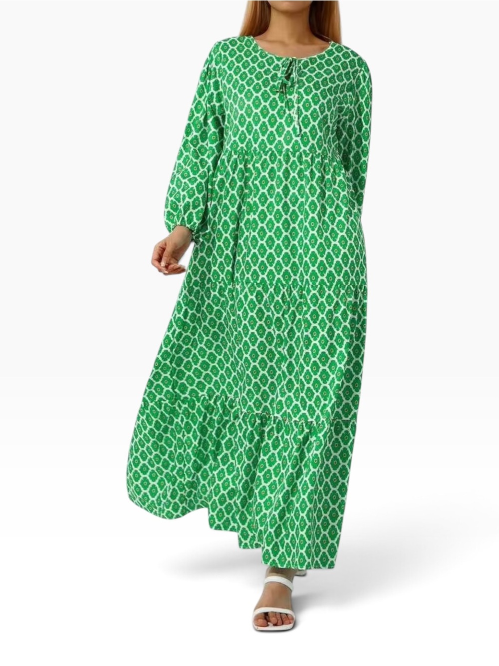 Boho Green & White Geometric Print Half-Sleeve Tiered Maxi Dress - Picture 8 of 14